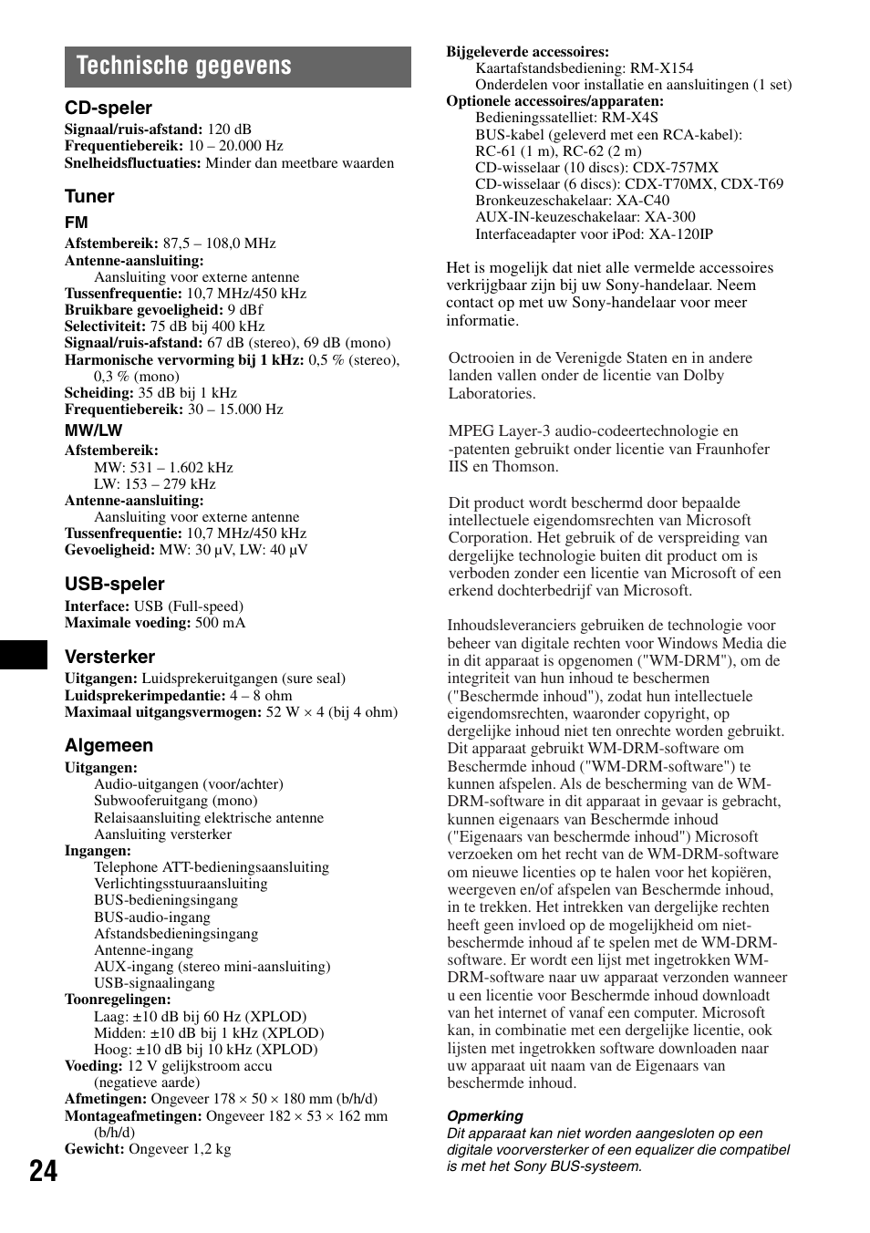 Technische gegevens | Sony CDX-GT828U User Manual | Page 136 / 140