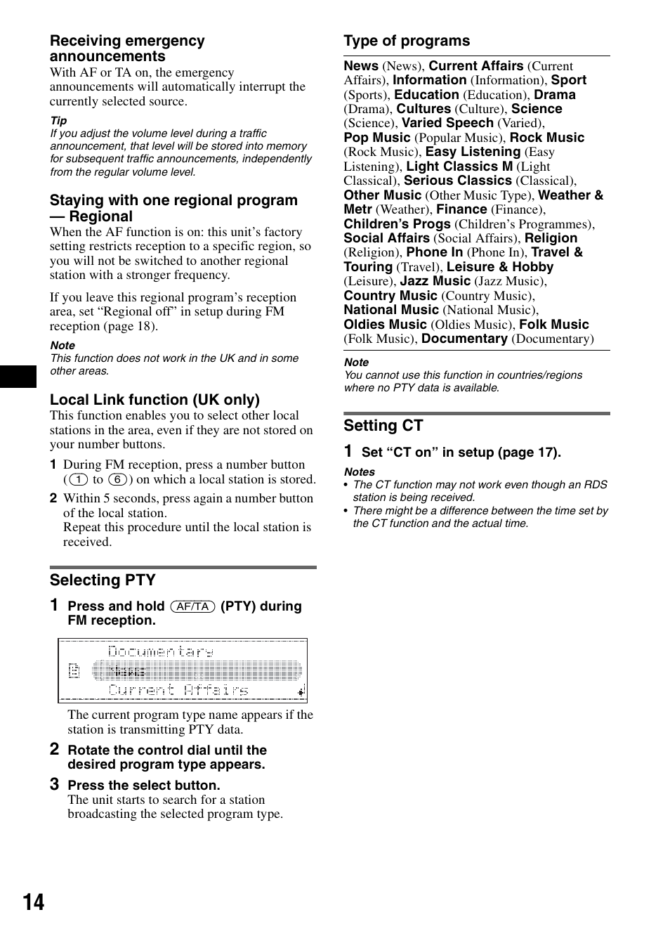 Selecting pty, Setting ct, Selecting pty setting ct | Sony CDX-GT828U User Manual | Page 14 / 140