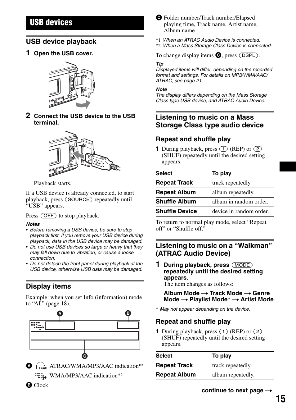 Usb devices, Usb device playback, Display items | Atrac audio device) | Sony CDX-GT828U User Manual | Page 15 / 140