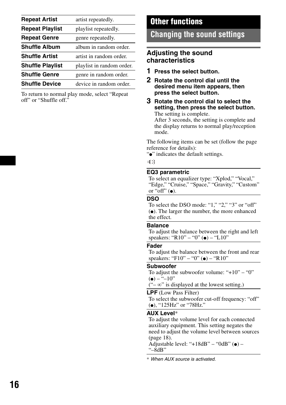 Other functions, Changing the sound settings, Adjusting the sound characteristics | Other functions changing the sound settings | Sony CDX-GT828U User Manual | Page 16 / 140