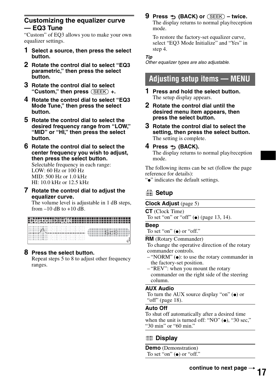 Customizing the equalizer curve - eq3 tune, Adjusting setup items - menu, Customizing the equalizer curve | Eq3 tune, Adjusting setup items — menu | Sony CDX-GT828U User Manual | Page 17 / 140