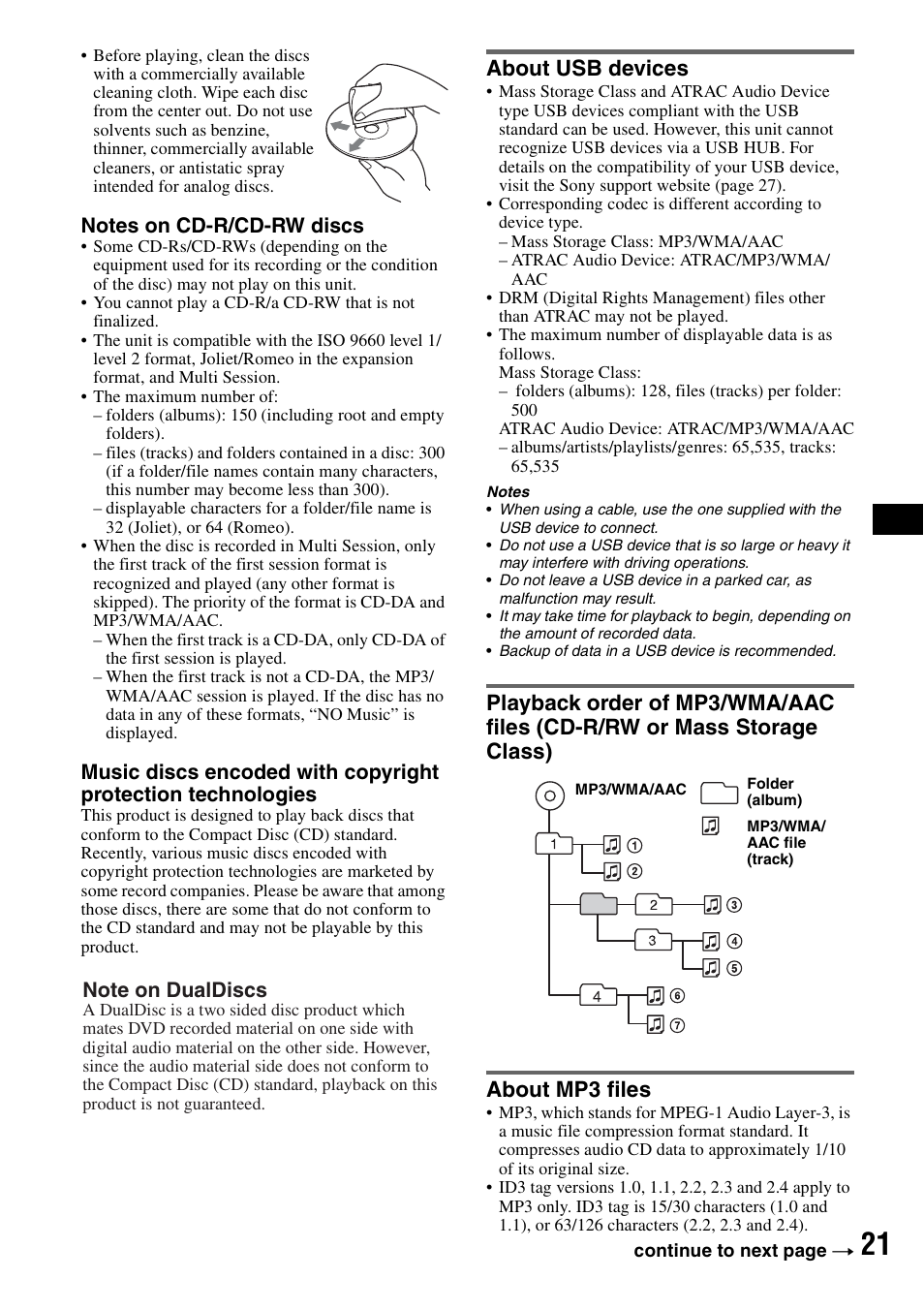 About usb devices, About mp3 files, Cd-r/rw or mass storage class) about mp3 files | Sony CDX-GT828U User Manual | Page 21 / 140