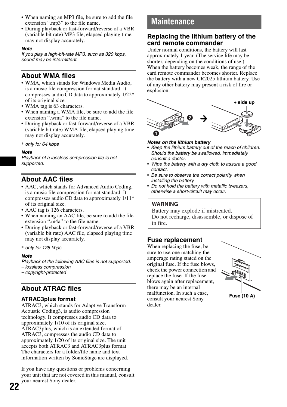 About wma files, About aac files, About atrac files | Maintenance, About wma files about aac files about atrac files | Sony CDX-GT828U User Manual | Page 22 / 140