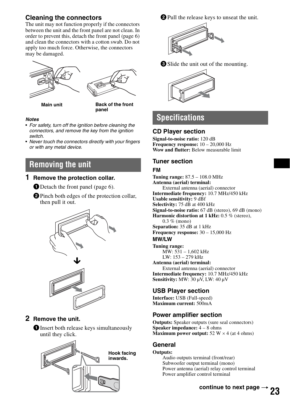 Removing the unit, Specifications, Removing the unit specifications | Sony CDX-GT828U User Manual | Page 23 / 140