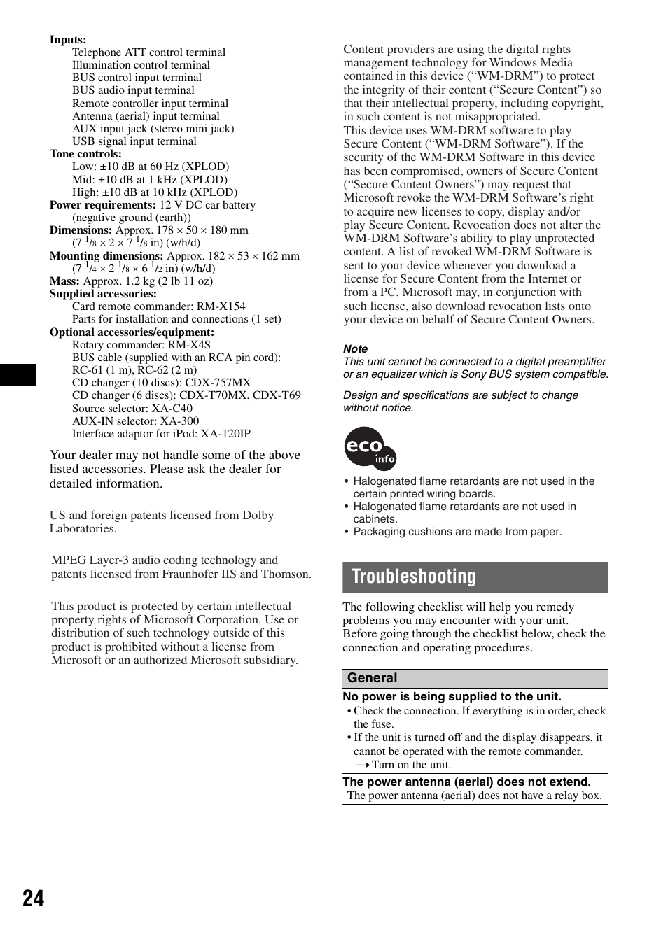 Troubleshooting | Sony CDX-GT828U User Manual | Page 24 / 140