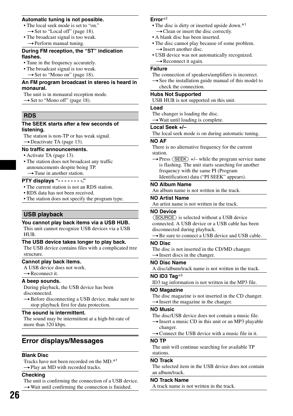 Error displays/messages | Sony CDX-GT828U User Manual | Page 26 / 140