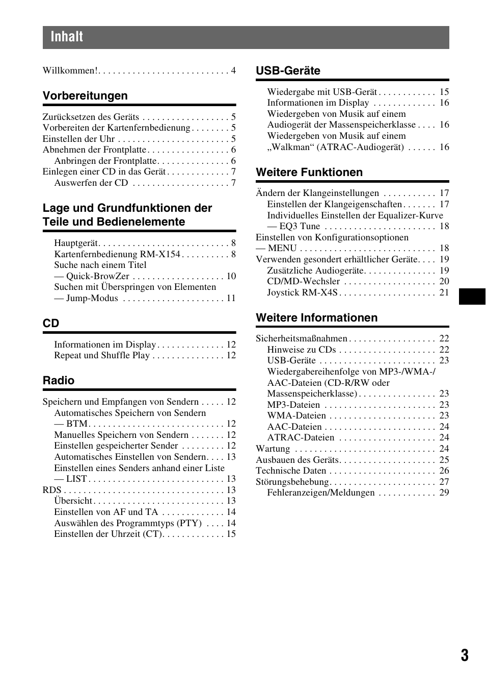 Inhalt | Sony CDX-GT828U User Manual | Page 29 / 140