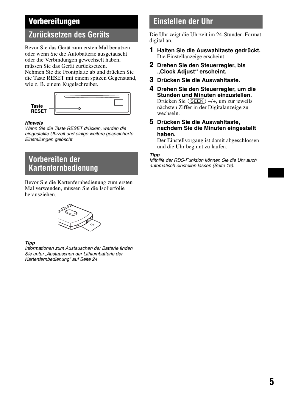 Vorbereitungen, Zurücksetzen des geräts, Vorbereiten der kartenfernbedienung | Einstellen der uhr, Vorbereitungen zurücksetzen des geräts | Sony CDX-GT828U User Manual | Page 31 / 140