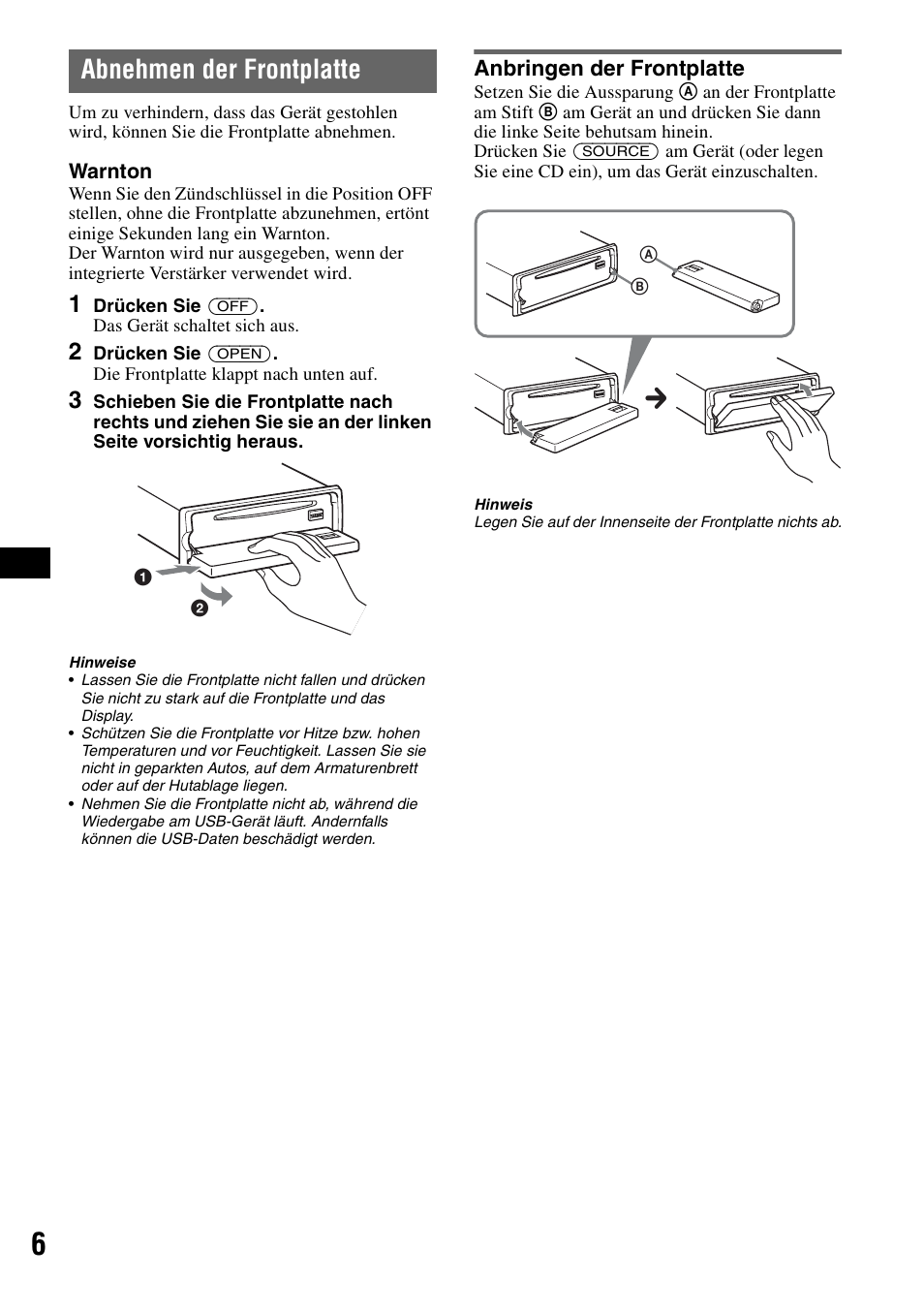 Abnehmen der frontplatte, Anbringen der frontplatte | Sony CDX-GT828U User Manual | Page 32 / 140