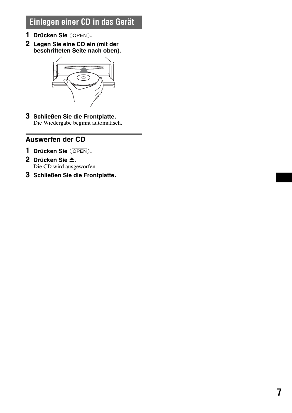 Einlegen einer cd in das gerät, Auswerfen der cd | Sony CDX-GT828U User Manual | Page 33 / 140