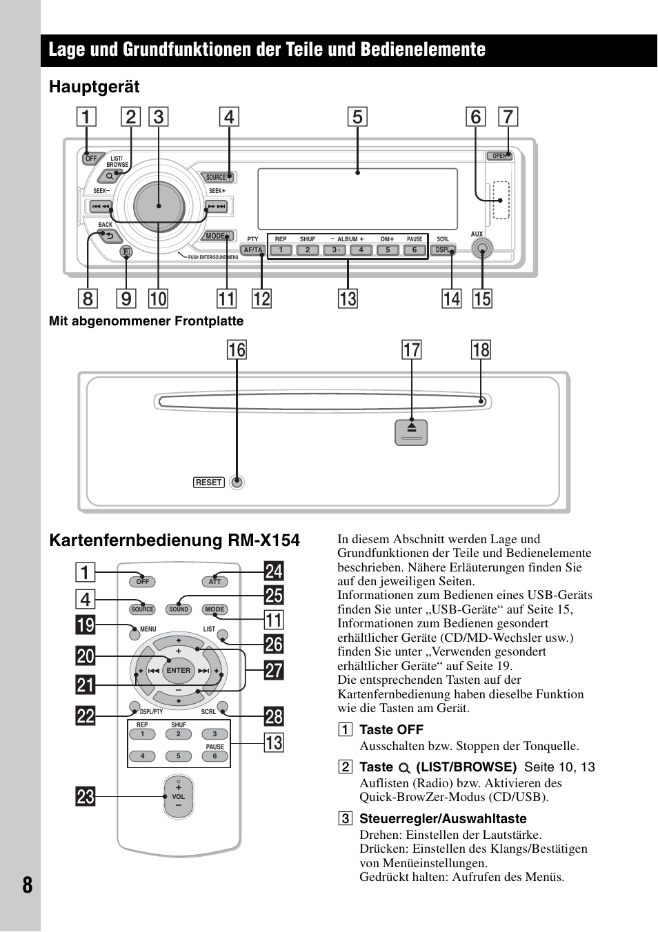 Hauptgerät, Kartenfernbedienung rm-x154, Hauptgerät kartenfernbedienung rm-x154 | Qj qk qh, 4wh wg ql qa 1 w; wa ws wf wd qd wj wk | Sony CDX-GT828U User Manual | Page 34 / 140