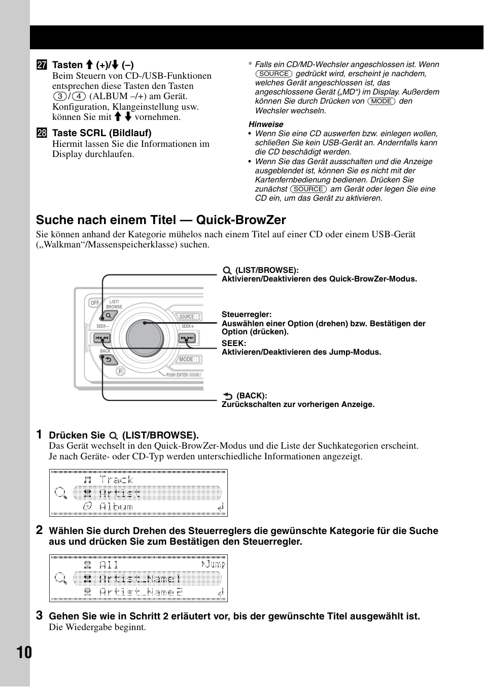 Suche nach einem titel - quick-browzer, Suche nach einem titel, Quick-browzer | Seite 10), Seite 10, Suche nach einem titel — quick-browzer | Sony CDX-GT828U User Manual | Page 36 / 140