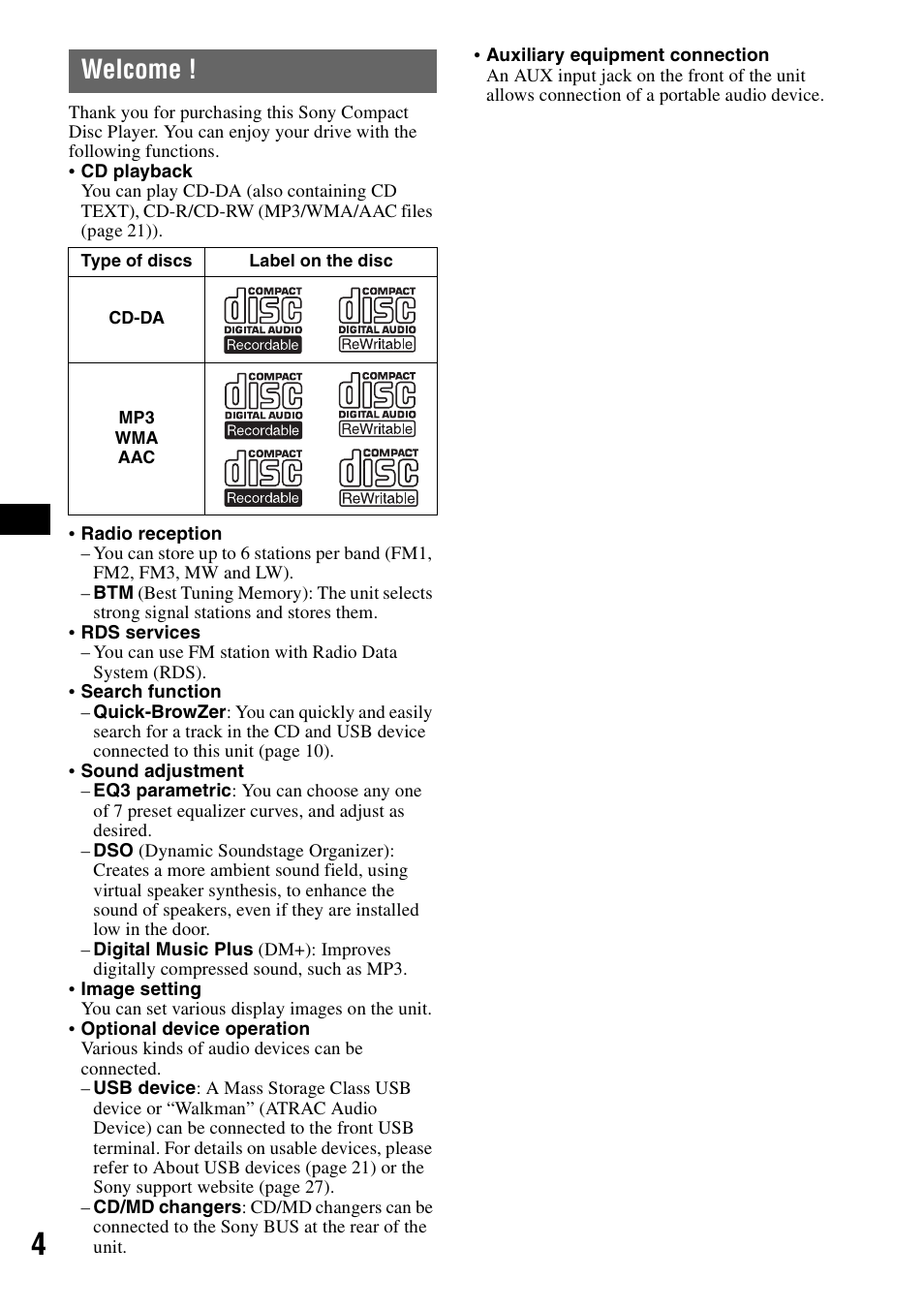 Welcome | Sony CDX-GT828U User Manual | Page 4 / 140