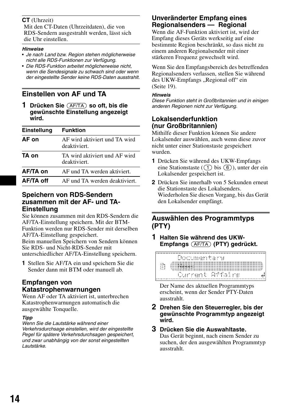 Einstellen von af und ta, Auswählen des programmtyps (pty), Seite 14 | Sony CDX-GT828U User Manual | Page 40 / 140