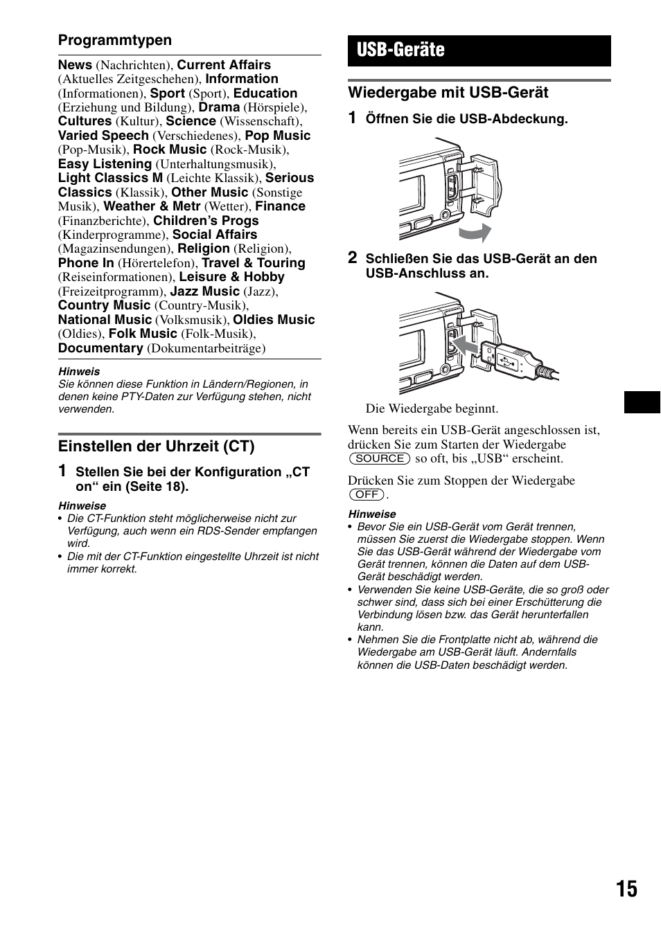 Einstellen der uhrzeit (ct), Usb-geräte, Wiedergabe mit usb-gerät | Usb-geräte“ auf seite 15, Seite 15 | Sony CDX-GT828U User Manual | Page 41 / 140