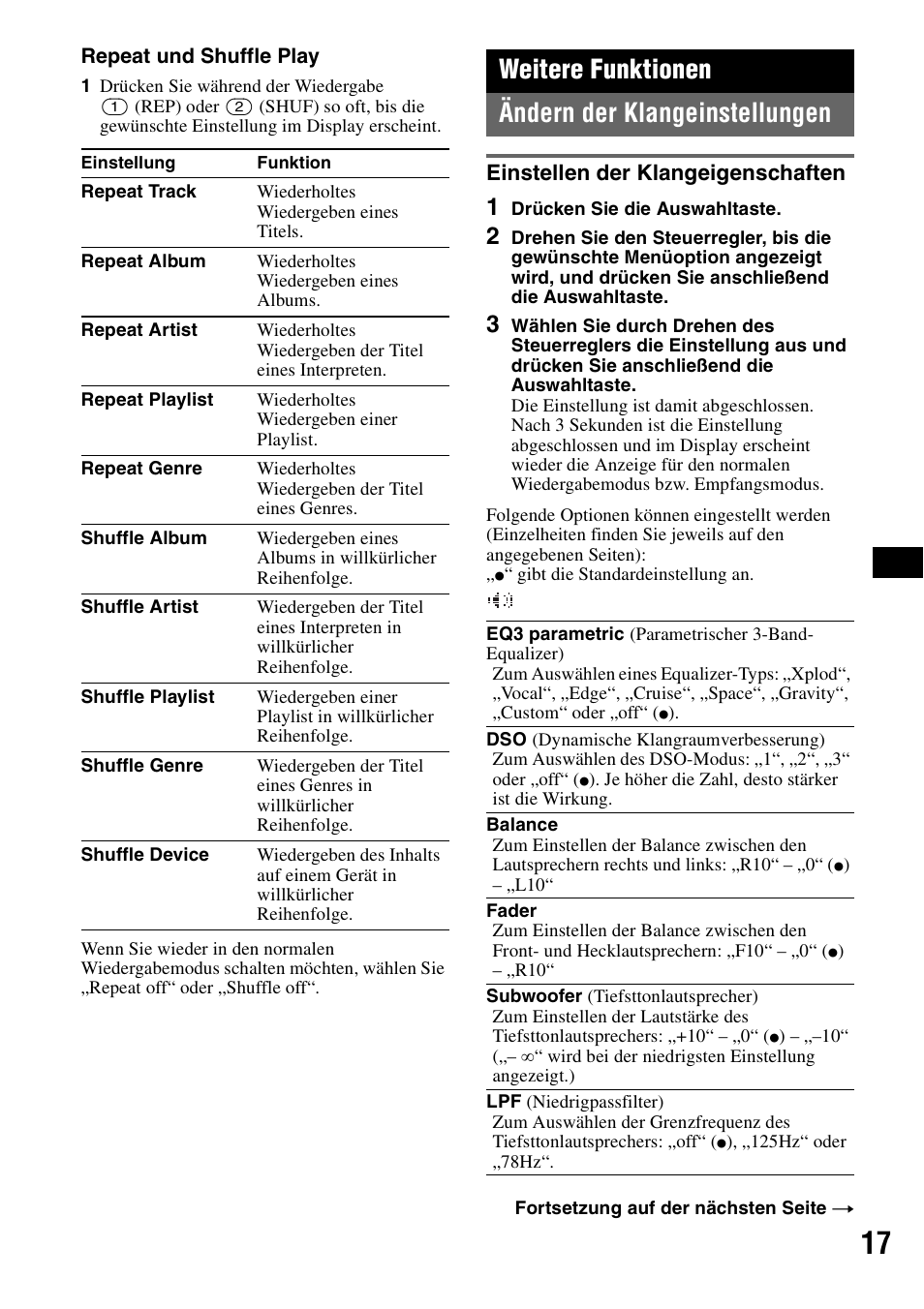 Weitere funktionen, Ändern der klangeinstellungen, Einstellen der klangeigenschaften | Weitere funktionen ändern der klangeinstellungen | Sony CDX-GT828U User Manual | Page 43 / 140