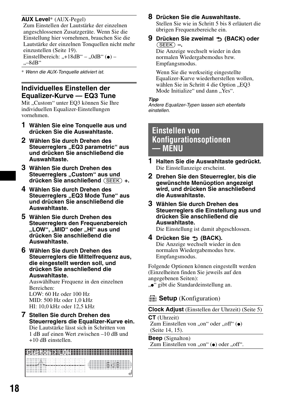 Einstellen von konfigurationsoptionen - menu, Einstellen von konfigurationsoptionen, Menu | Einstellen von konfigurationsoptionen — menu | Sony CDX-GT828U User Manual | Page 44 / 140