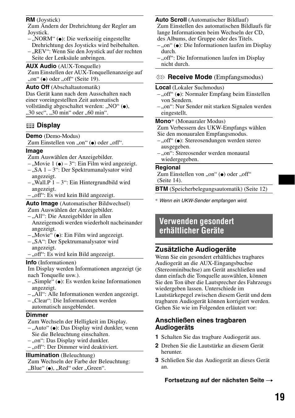 Verwenden gesondert erhältlicher geräte, Zusätzliche audiogeräte, F seite 19 na | Seite 19, N (seite 19 | Sony CDX-GT828U User Manual | Page 45 / 140