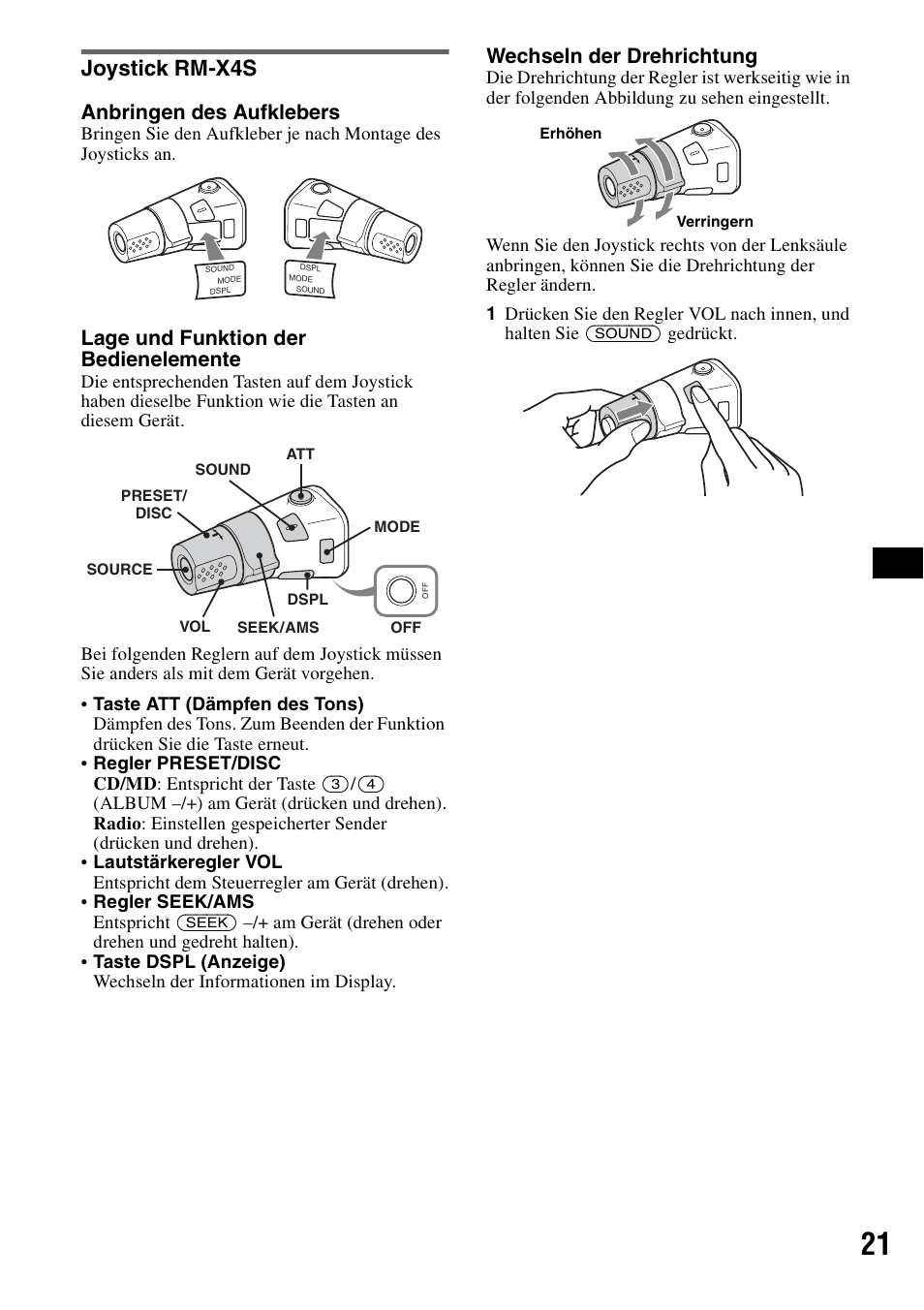 Joystick rm-x4s, Anbringen des aufklebers, Lage und funktion der bedienelemente | Wechseln der drehrichtung | Sony CDX-GT828U User Manual | Page 47 / 140