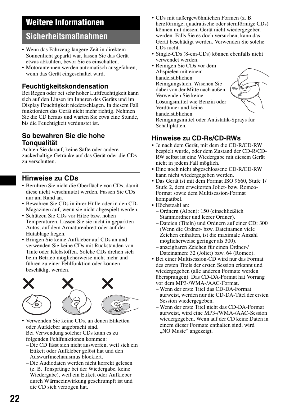 Weitere informationen, Sicherheitsmaßnahmen, Hinweise zu cds | Seite 22, Weitere informationen sicherheitsmaßnahmen | Sony CDX-GT828U User Manual | Page 48 / 140