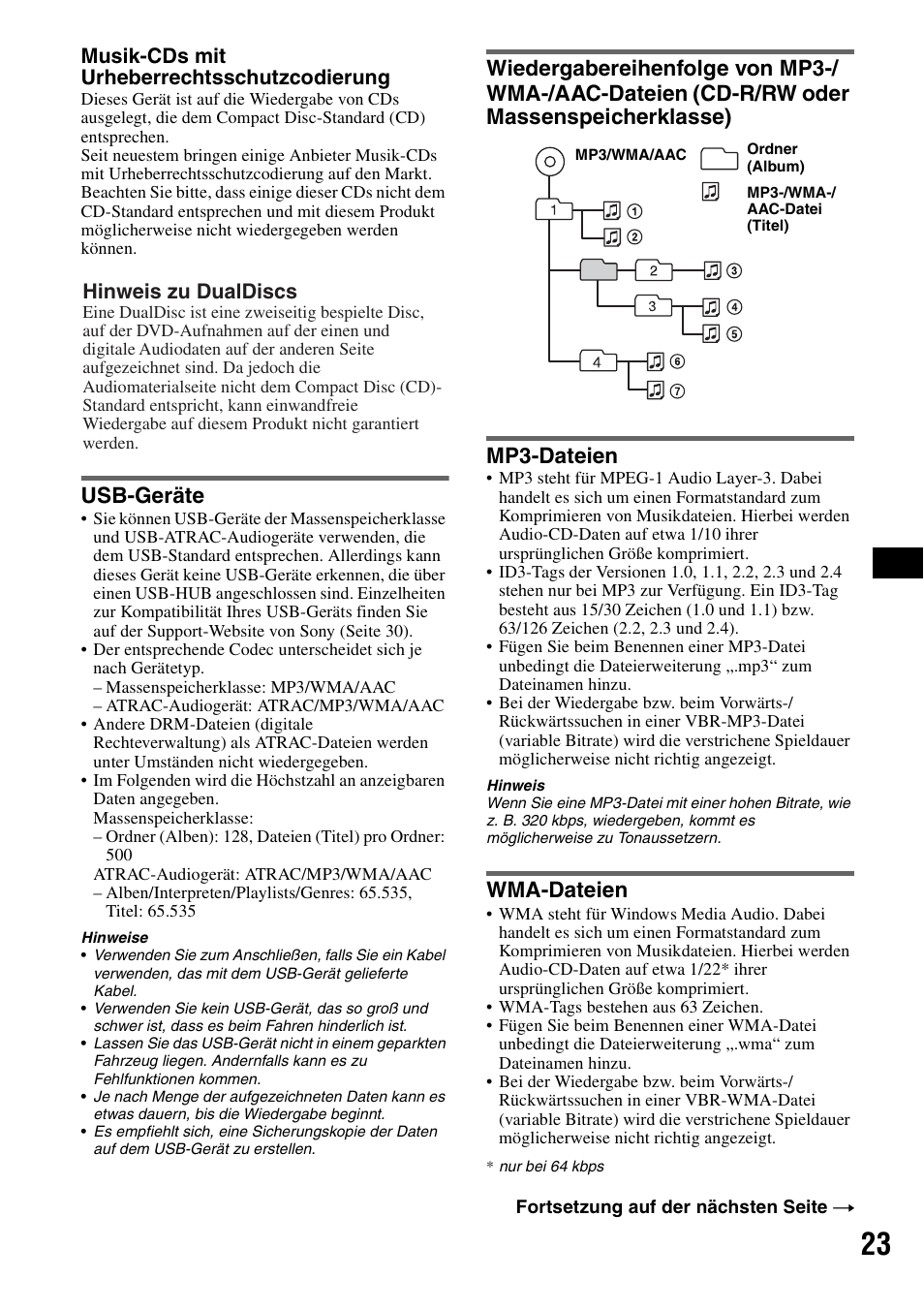 Usb-geräte, Mp3-dateien, Wma-dateien | Seite 23, Musik-cds mit urheberrechtsschutzcodierung, Hinweis zu dualdiscs | Sony CDX-GT828U User Manual | Page 49 / 140