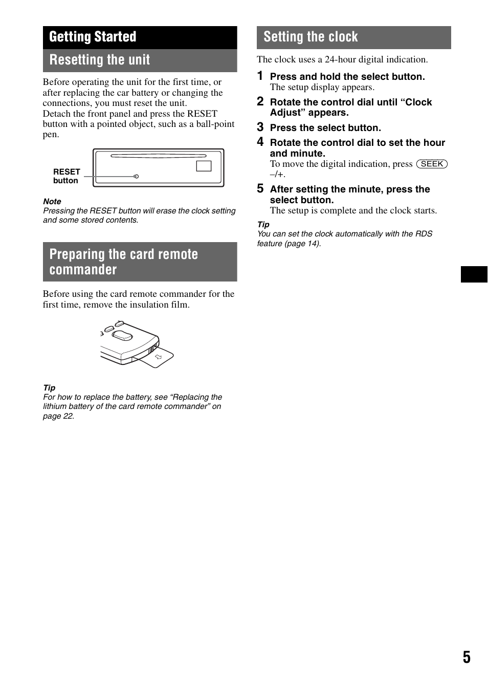 Getting started, Resetting the unit, Preparing the card remote commander | Setting the clock, Getting started resetting the unit | Sony CDX-GT828U User Manual | Page 5 / 140