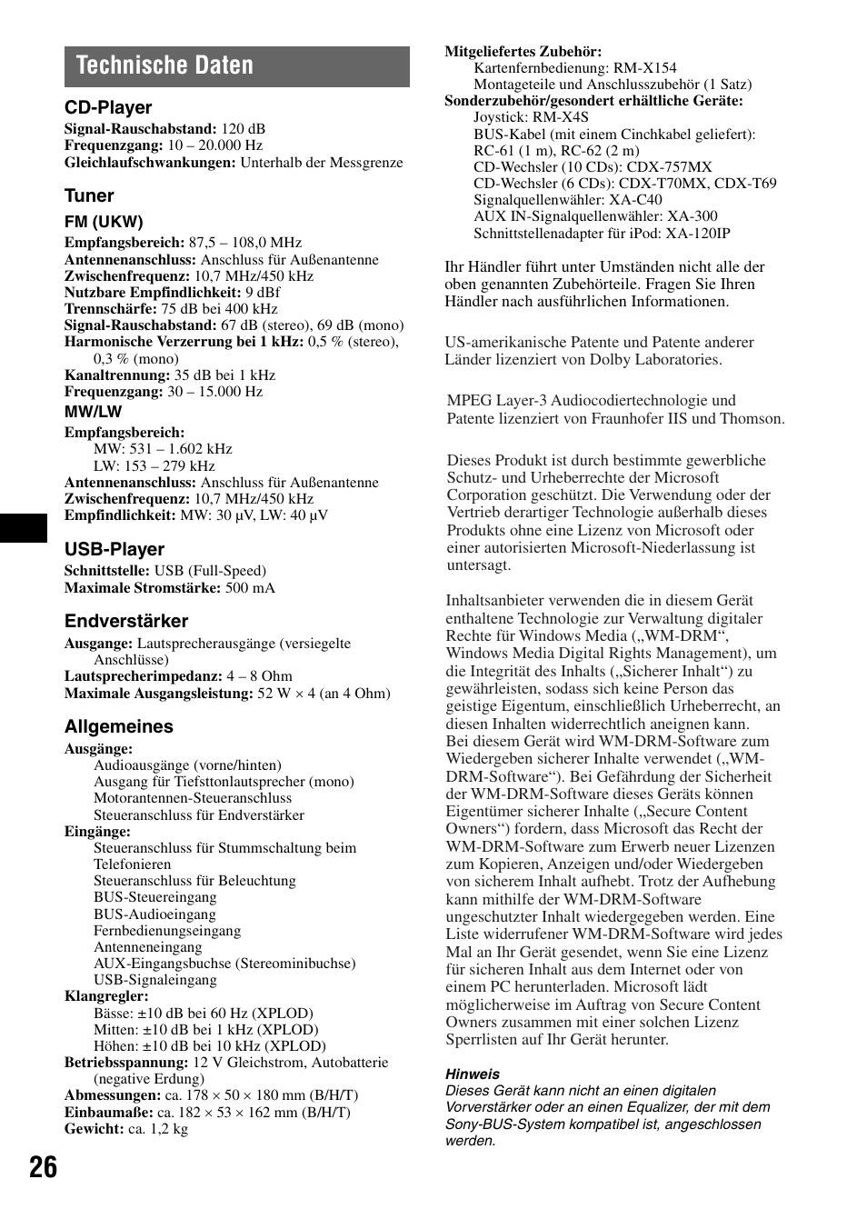 Technische daten | Sony CDX-GT828U User Manual | Page 52 / 140