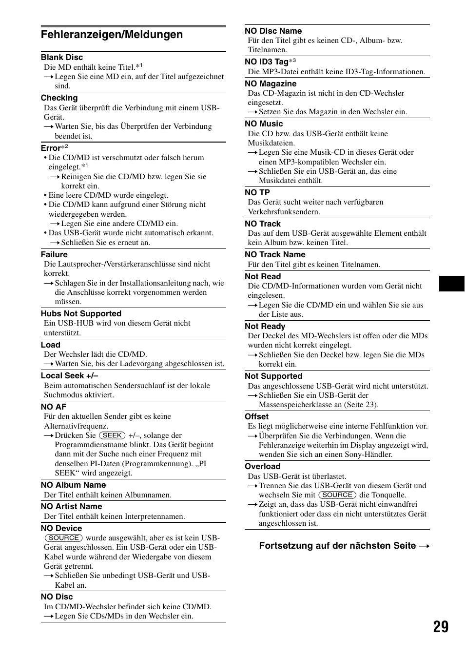 Fehleranzeigen/meldungen | Sony CDX-GT828U User Manual | Page 55 / 140