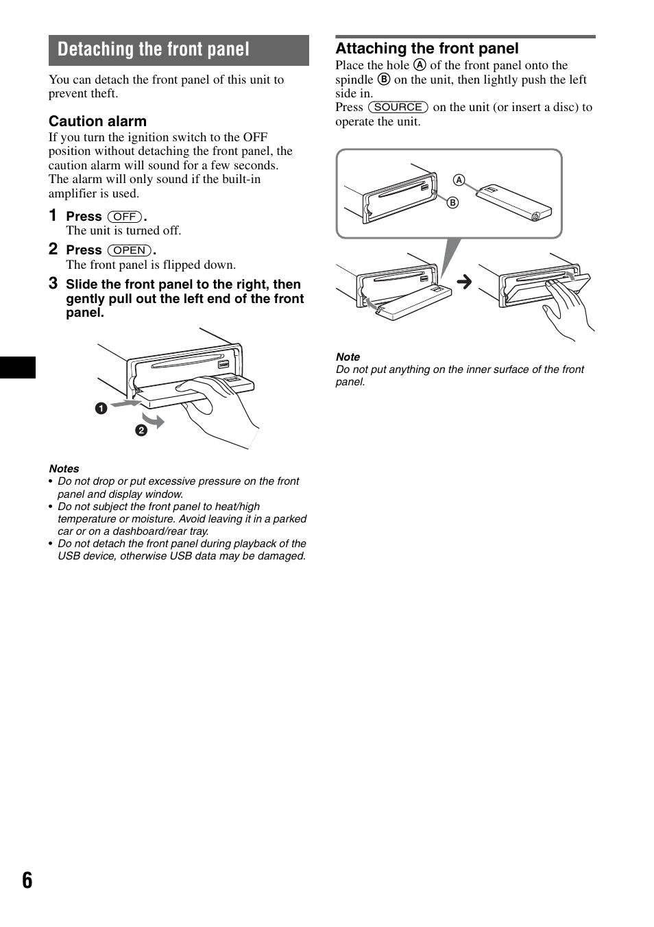 Detaching the front panel, Attaching the front panel | Sony CDX-GT828U User Manual | Page 6 / 140