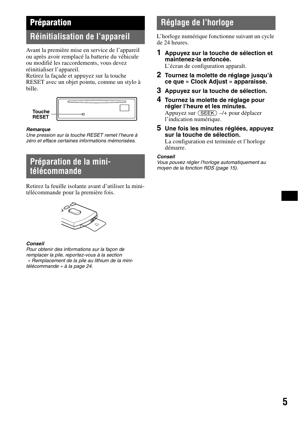 Préparation, Réinitialisation de l’appareil, Préparation de la mini- télécommande | Réglage de l’horloge, Préparation réinitialisation de l’appareil | Sony CDX-GT828U User Manual | Page 61 / 140