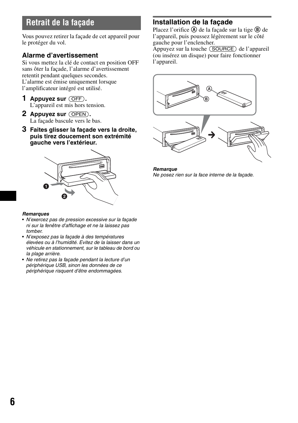 Retrait de la façade, Installation de la façade | Sony CDX-GT828U User Manual | Page 62 / 140