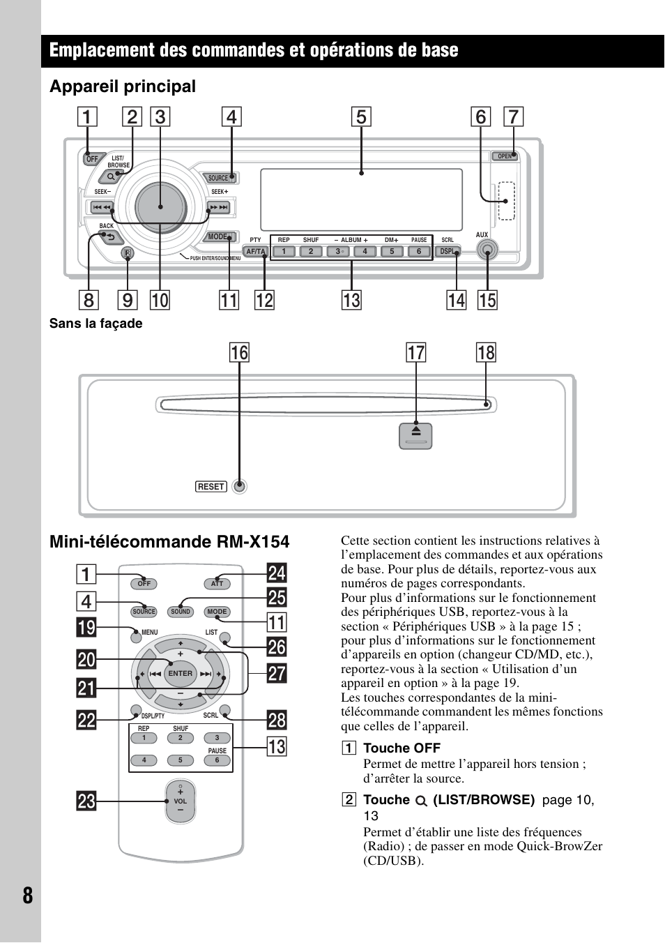 Emplacement des commandes et opérations de base, Appareil principal, Mini-télécommande rm-x154 | Appareil principal mini-télécommande rm-x154, Qj qk qh, 4wh wg ql qa 1 w; wa ws wf wd qd wj wk | Sony CDX-GT828U User Manual | Page 64 / 140