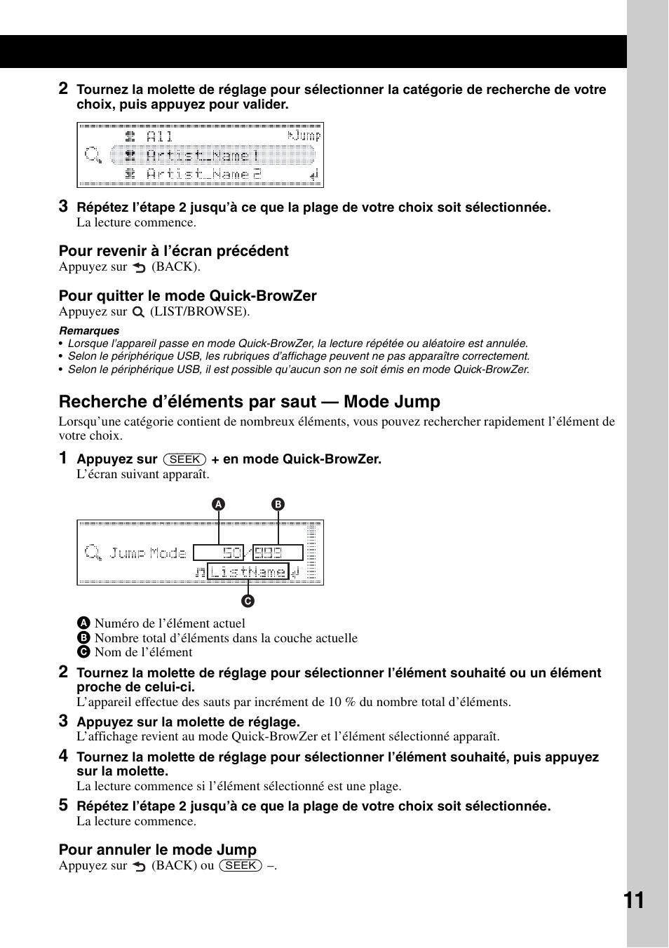 Recherche d’éléments par saut - mode jump, Recherche d’éléments par saut, Mode jump | Recherche d’éléments par saut — mode jump | Sony CDX-GT828U User Manual | Page 67 / 140