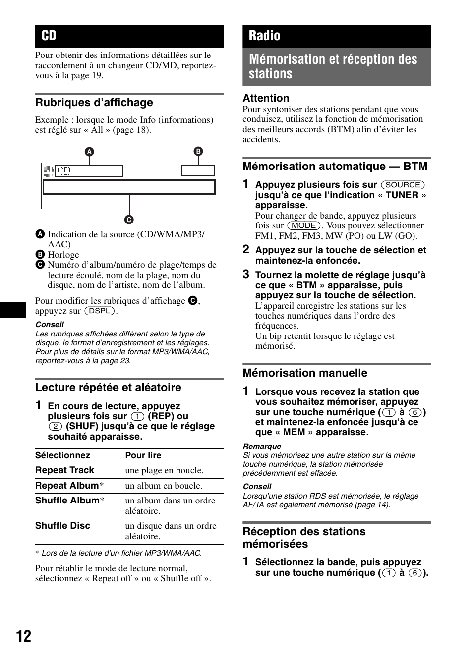 Rubriques d’affichage, Lecture répétée et aléatoire, Radio | Mémorisation et réception des stations, Mémorisation automatique - btm, Mémorisation manuelle, Réception des stations mémorisées, Rubriques d’affichage lecture répétée et aléatoire, Radio mémorisation et réception des stations | Sony CDX-GT828U User Manual | Page 68 / 140