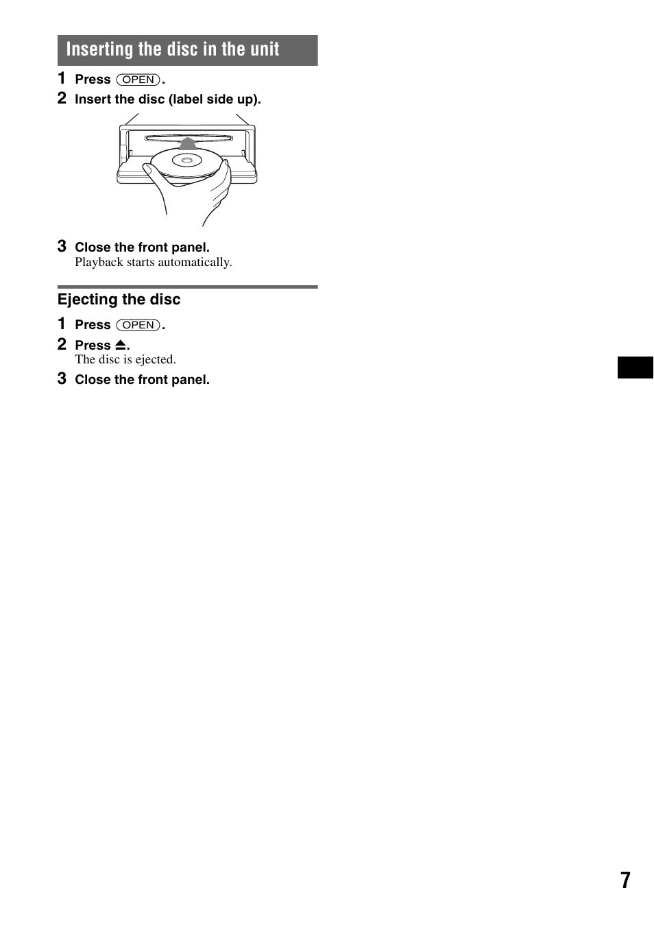 Inserting the disc in the unit, Ejecting the disc | Sony CDX-GT828U User Manual | Page 7 / 140