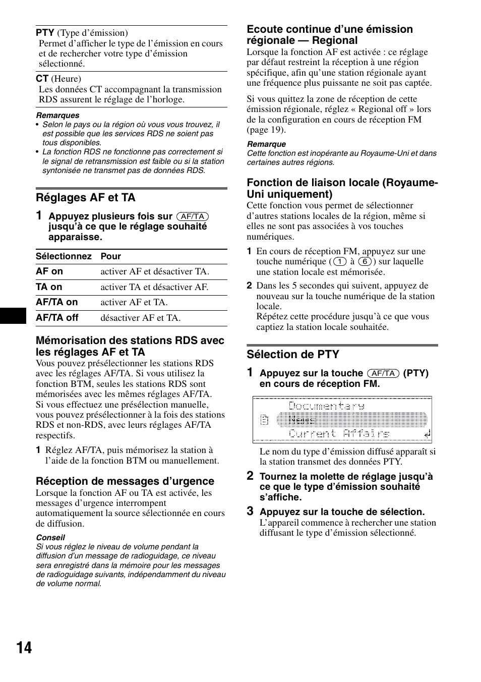 Réglages af et ta, Sélection de pty, Réglages af et ta sélection de pty | Sony CDX-GT828U User Manual | Page 70 / 140