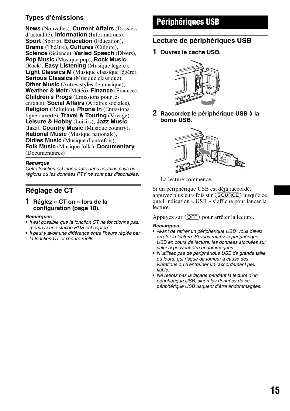 Réglage de ct, Périphériques usb, Lecture de périphériques usb | Sony CDX-GT828U User Manual | Page 71 / 140