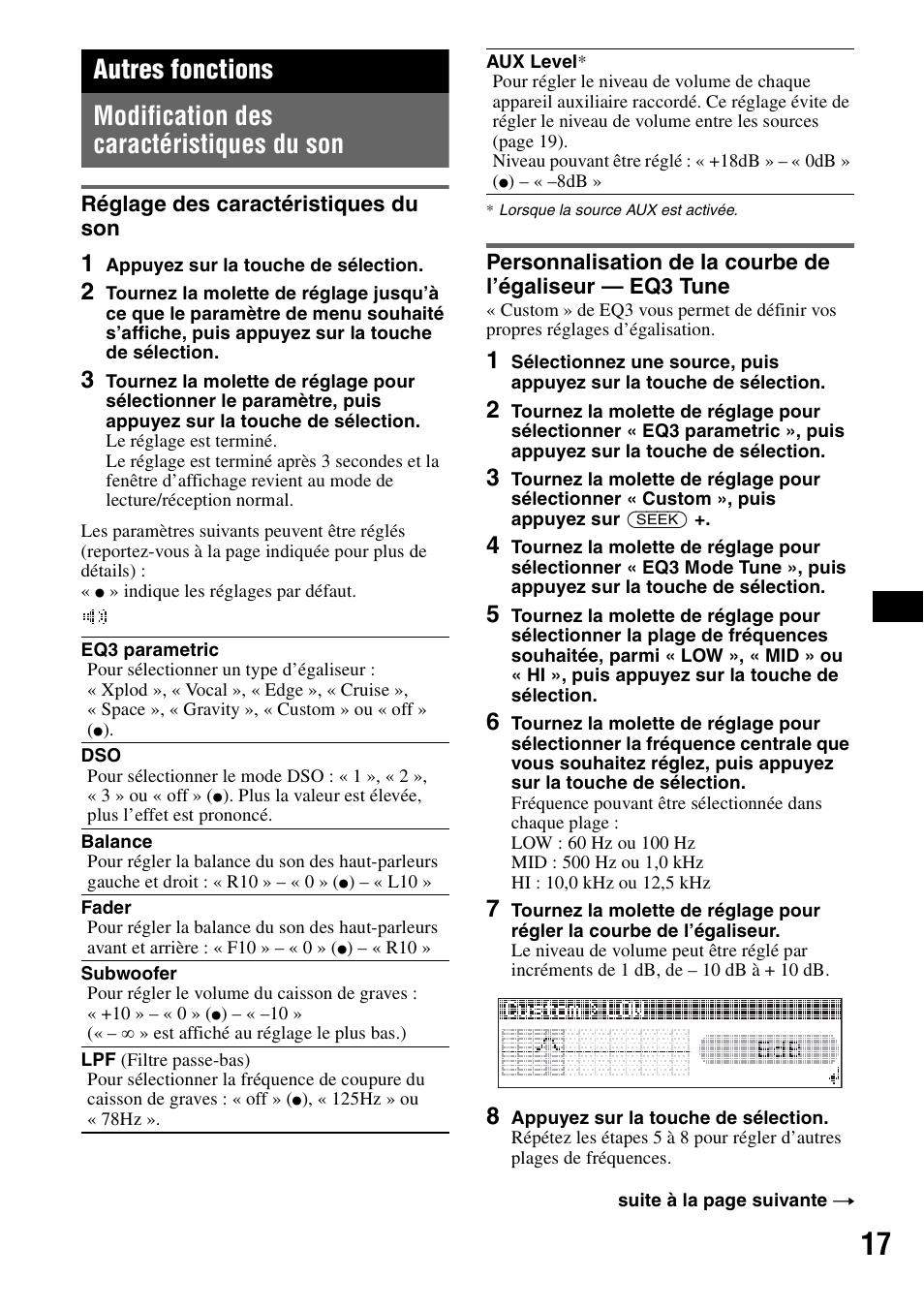 Autres fonctions, Modification des caractéristiques du son, Réglage des caractéristiques du son | Eq3 tune | Sony CDX-GT828U User Manual | Page 73 / 140