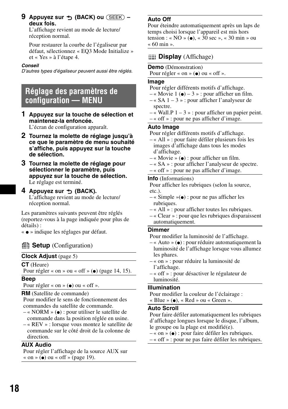 Réglage des paramètres de configuration - menu, Réglage des paramètres de configuration, Menu | Réglage des paramètres de configuration — menu | Sony CDX-GT828U User Manual | Page 74 / 140