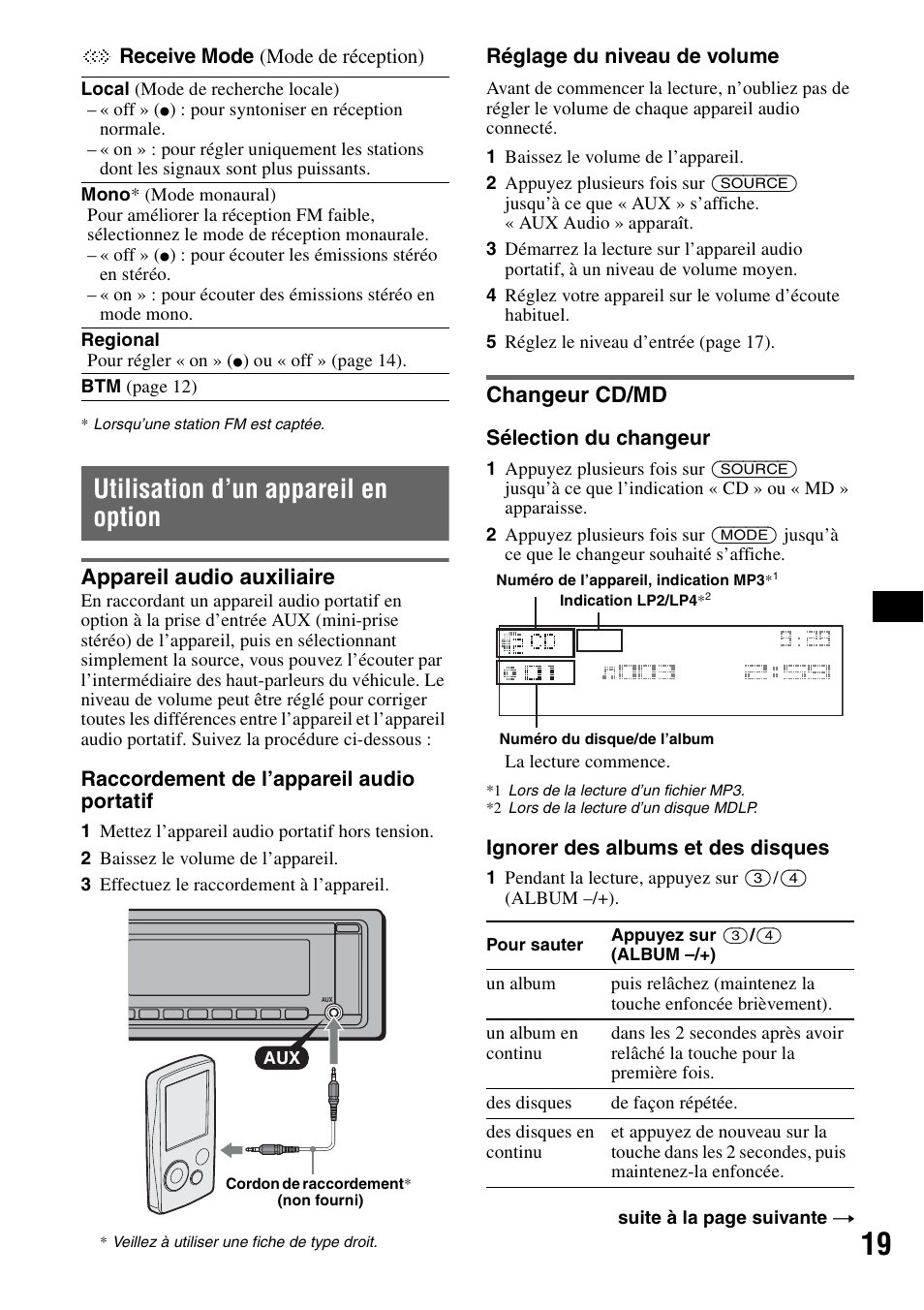 Utilisation d’un appareil en option, Appareil audio auxiliaire, Changeur cd/md | Appareil audio auxiliaire changeur cd/md | Sony CDX-GT828U User Manual | Page 75 / 140