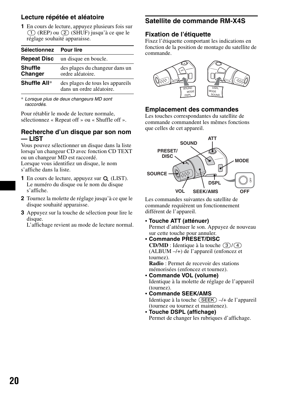 Satellite de commande rm-x4s, Lecture répétée et aléatoire, Recherche d’un disque par son nom — list | Fixation de l’étiquette, Emplacement des commandes | Sony CDX-GT828U User Manual | Page 76 / 140