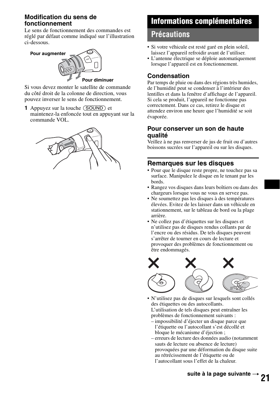 Informations complémentaires, Précautions, Remarques sur les disques | Informations complémentaires précautions | Sony CDX-GT828U User Manual | Page 77 / 140