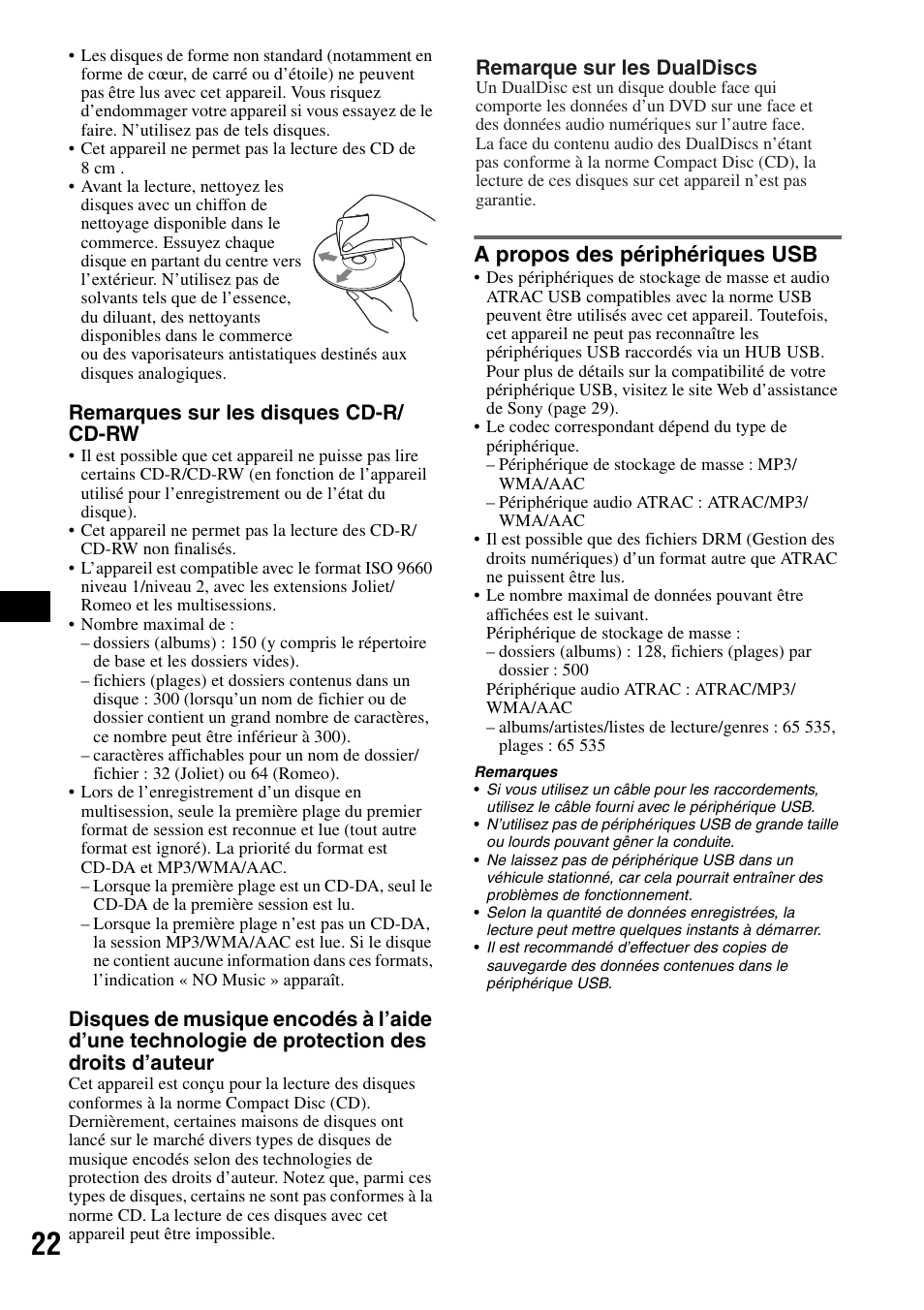 A propos des périphériques usb, Remarques sur les disques cd-r/ cd-rw, Remarque sur les dualdiscs | Sony CDX-GT828U User Manual | Page 78 / 140