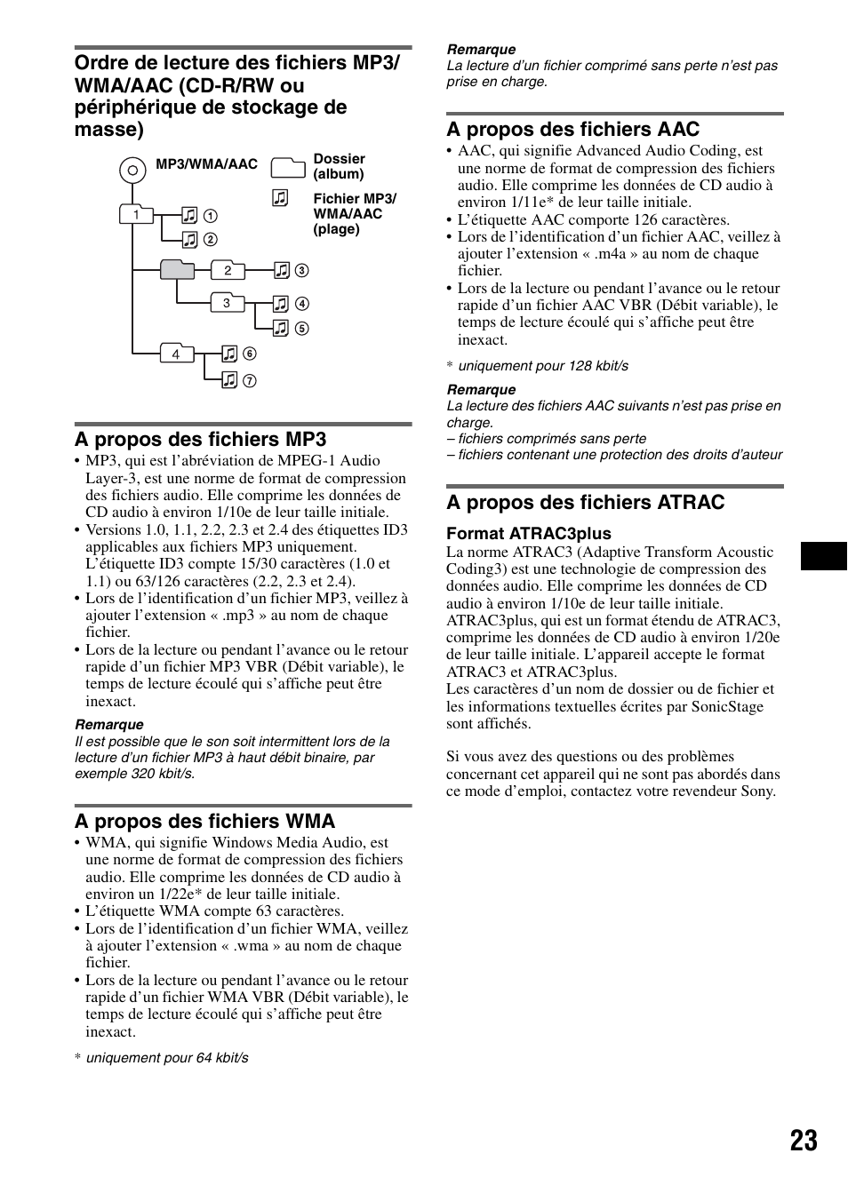 A propos des fichiers mp3, A propos des fichiers wma, A propos des fichiers aac | A propos des fichiers atrac, Ordre de lecture des fichiers, Mp3/wma/aac (cd-r/rw ou | Sony CDX-GT828U User Manual | Page 79 / 140