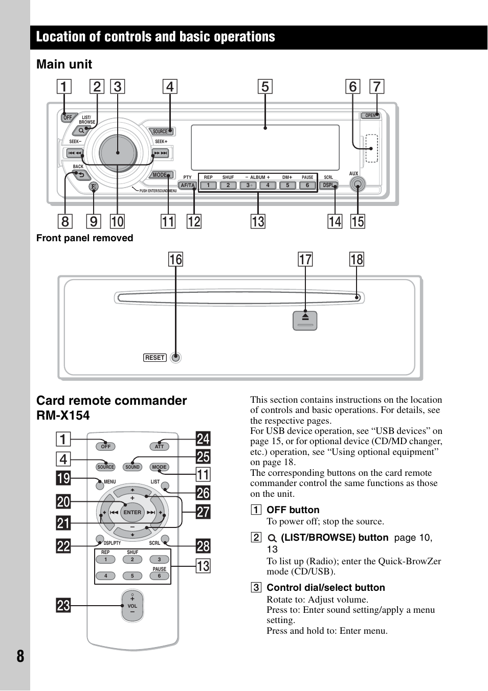 Location of controls and basic operations, Main unit, Card remote commander rm-x154 | Main unit card remote commander rm-x154, Qj qk qh, 4wh wg ql qa 1 w; wa ws wf wd qd wj wk | Sony CDX-GT828U User Manual | Page 8 / 140