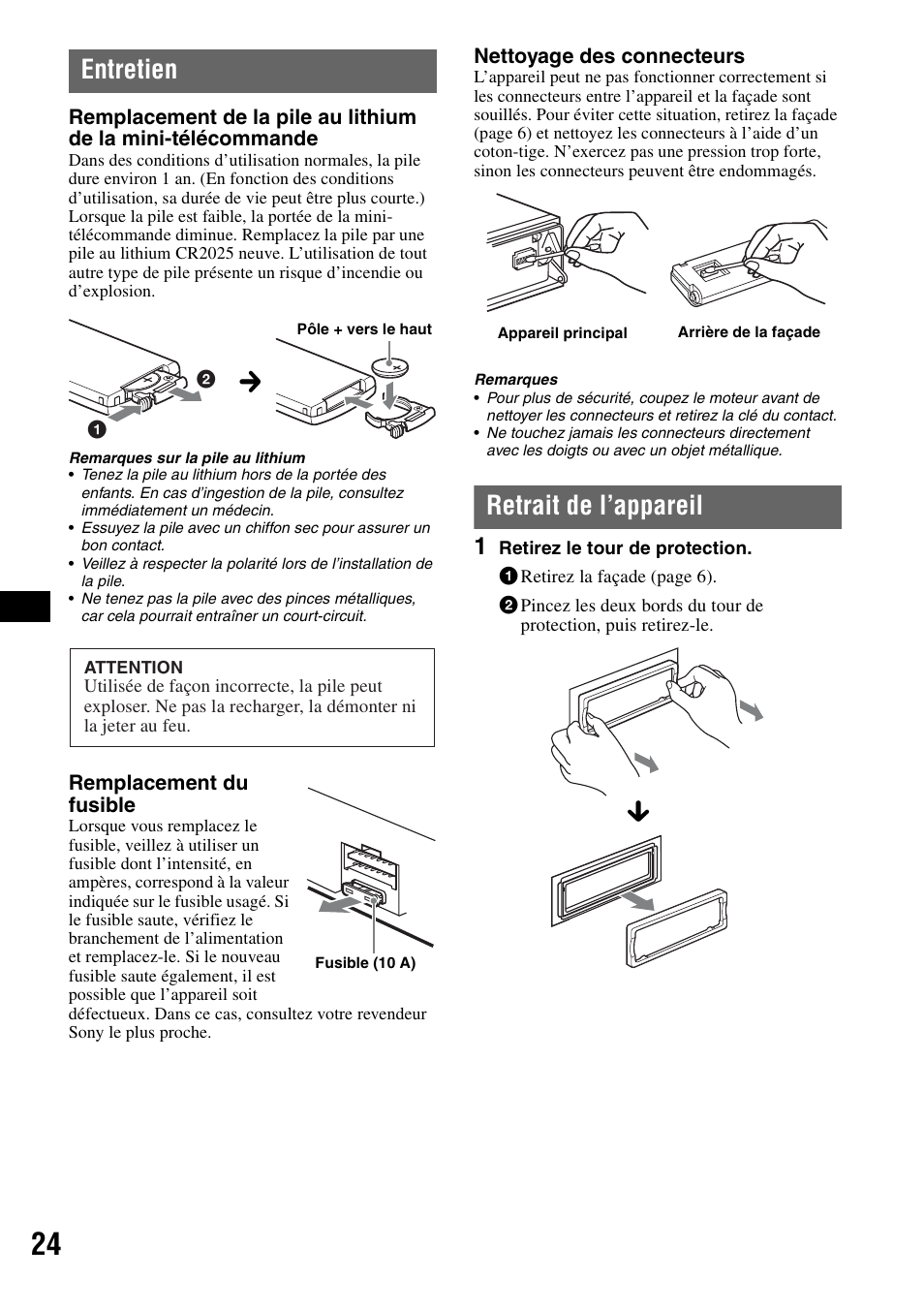 Entretien, Retrait de l’appareil, Entretien retrait de l’appareil | Reportez-vous à la section | Sony CDX-GT828U User Manual | Page 80 / 140