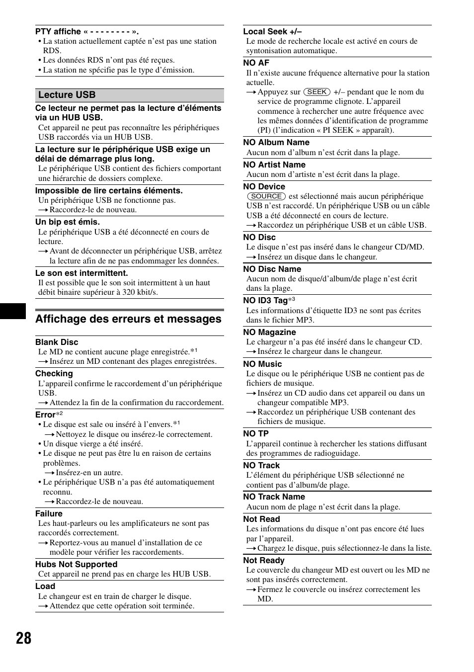 Affichage des erreurs et messages | Sony CDX-GT828U User Manual | Page 84 / 140