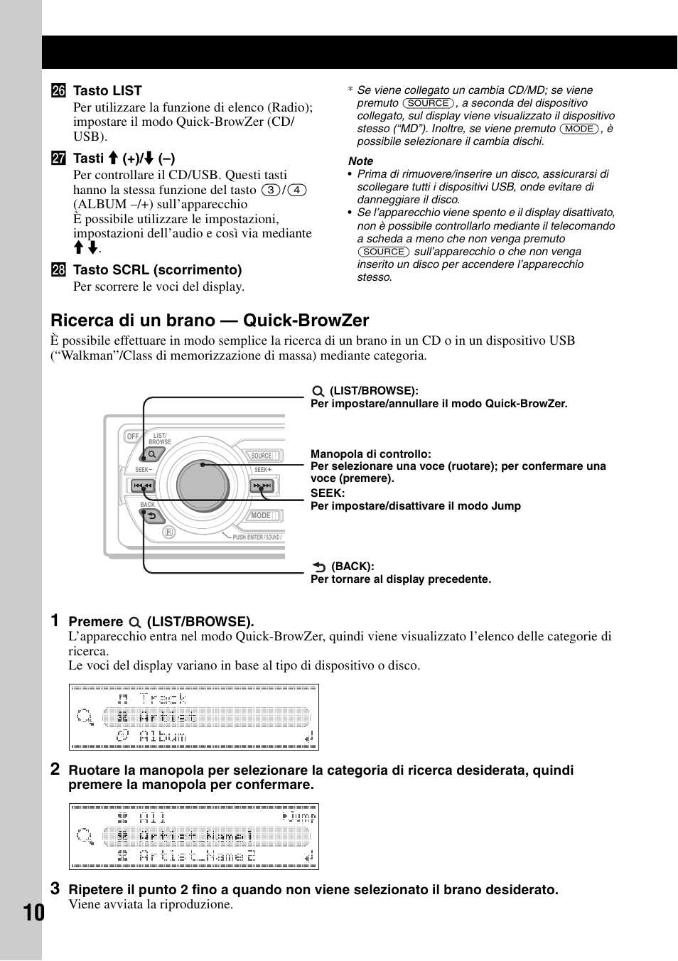 Ricerca di un brano - quick-browzer, Ricerca di un brano — quick-browzer | Sony CDX-GT828U User Manual | Page 94 / 140