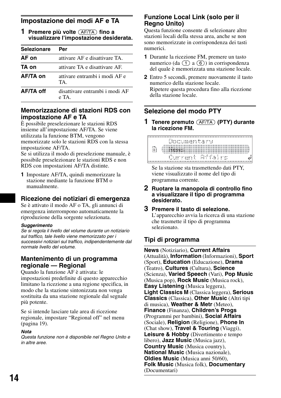 Impostazione dei modi af e ta, Selezione del modo pty | Sony CDX-GT828U User Manual | Page 98 / 140