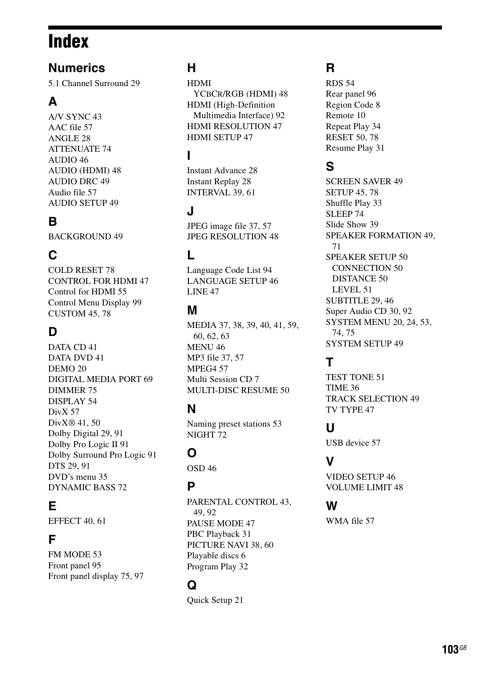 Index, Numerics | Sony DAV-DZ280 User Manual | Page 103 / 104